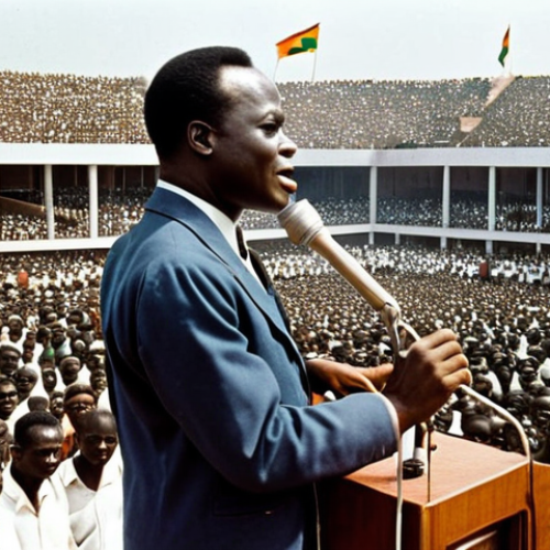 Home 11 **
Kwame Nkrumah giving a passionate speech to a large crowd in Ghana, 1957. Emphasize the energy of the crowd, and Nkrumah's charisma. Pan-African flag visible in the background.
**