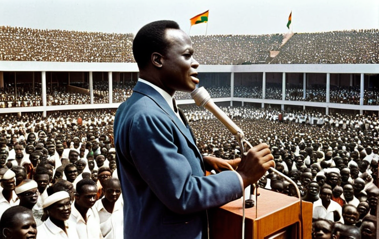 **
Kwame Nkrumah giving a passionate speech to a large crowd in Ghana, 1957. Emphasize the energy of the crowd, and Nkrumah's charisma. Pan-African flag visible in the background.
**