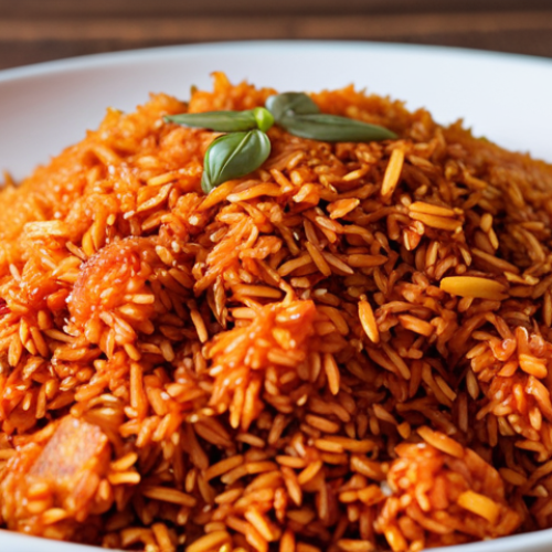 Home 6 **
A close-up shot of cooked Ghana Jollof rice, showcasing the distinct grains of Basmati rice. Emphasize the aromatic spices and vibrant color. Think "aromatic, non-sticky, flavorful Ghana Jollof, Basmati rice grains."
**