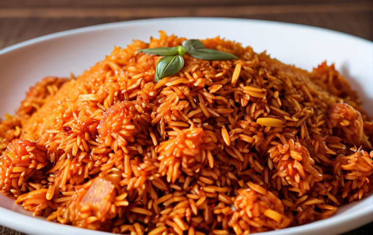 **
A close-up shot of cooked Ghana Jollof rice, showcasing the distinct grains of Basmati rice. Emphasize the aromatic spices and vibrant color. Think "aromatic, non-sticky, flavorful Ghana Jollof, Basmati rice grains."
**