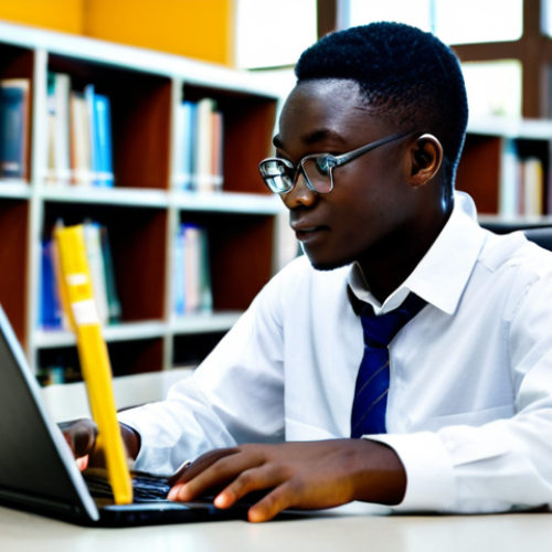 University Life at KNUST**

"A Malaysian student, fully clothed in modest attire, studying in the modern library at Kwame Nkrumah University of Science and Technology (KNUST), Ghana. Books and laptop on the table.  Focus on a bright, welcoming atmosphere. Safe for work, appropriate content, professional, perfect anatomy, natural proportions, high quality."

**