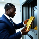 **A professional gold trader in Accra, Ghana, examining a gold bar in a secure vault. He is wearing a modest business suit. The environment is brightly lit with security cameras visible. Safe for work, appropriate content, fully clothed, professional, perfect anatomy, natural proportions, high quality.**